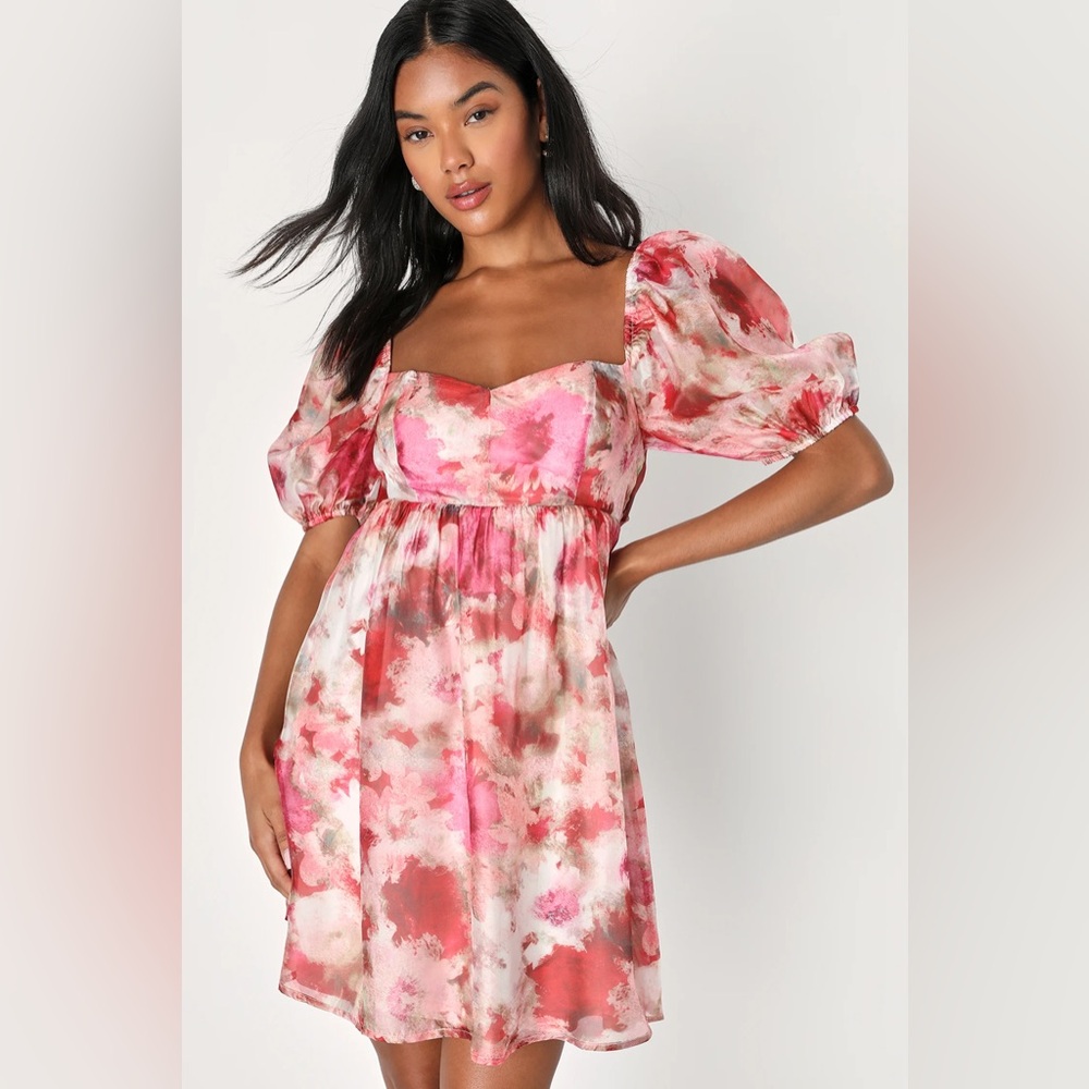 Lulus Aura Pink Multi Floral Organza Babydoll Mini Dress